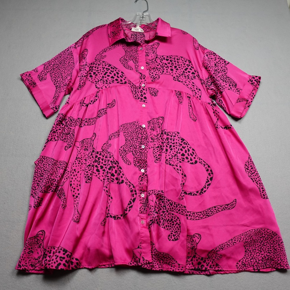 Entro Tunic Womens M Pink Animal Leopard Print Satin Relaxed Collared Button Up